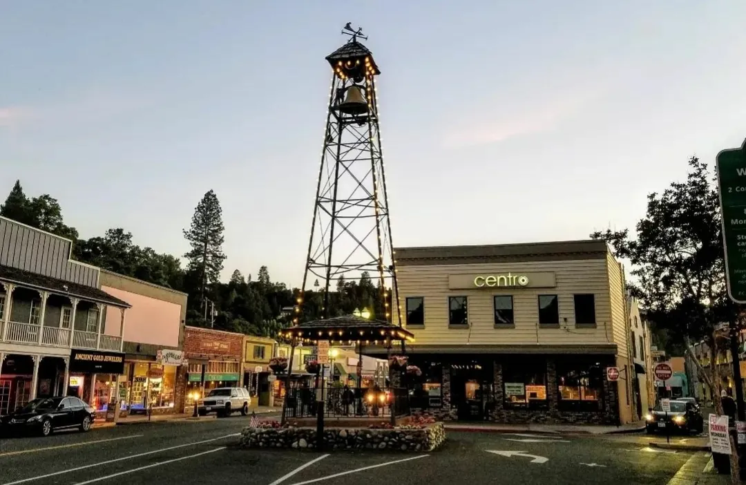 The Bell Tower on Main Street in downtown Placerville at dusk